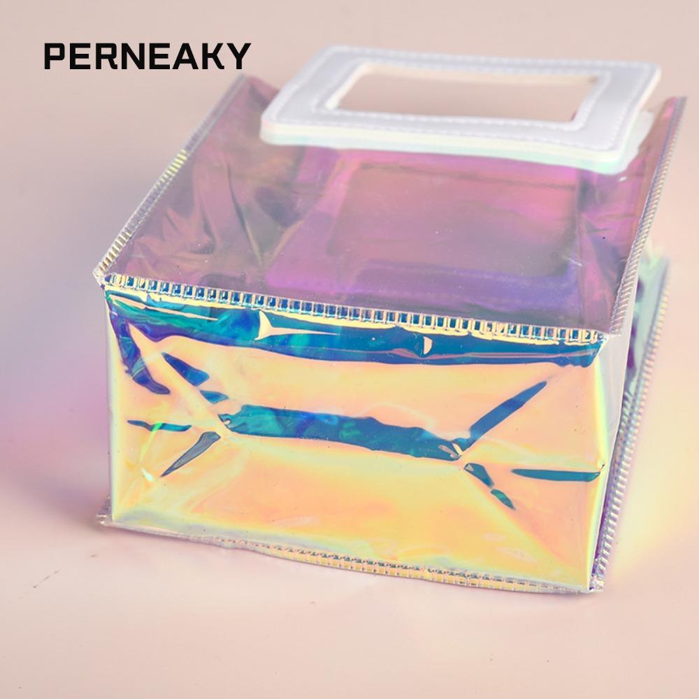 PERNEAKY กระเป๋าช้อปปิ้งแบบใส, กระเป๋าโท้ทด้ามจับทรงกลมพีวีซี, กระเป๋าใส่ของขวัญมือแบบใสด้ามจับทรงสี่เหลี่ยม