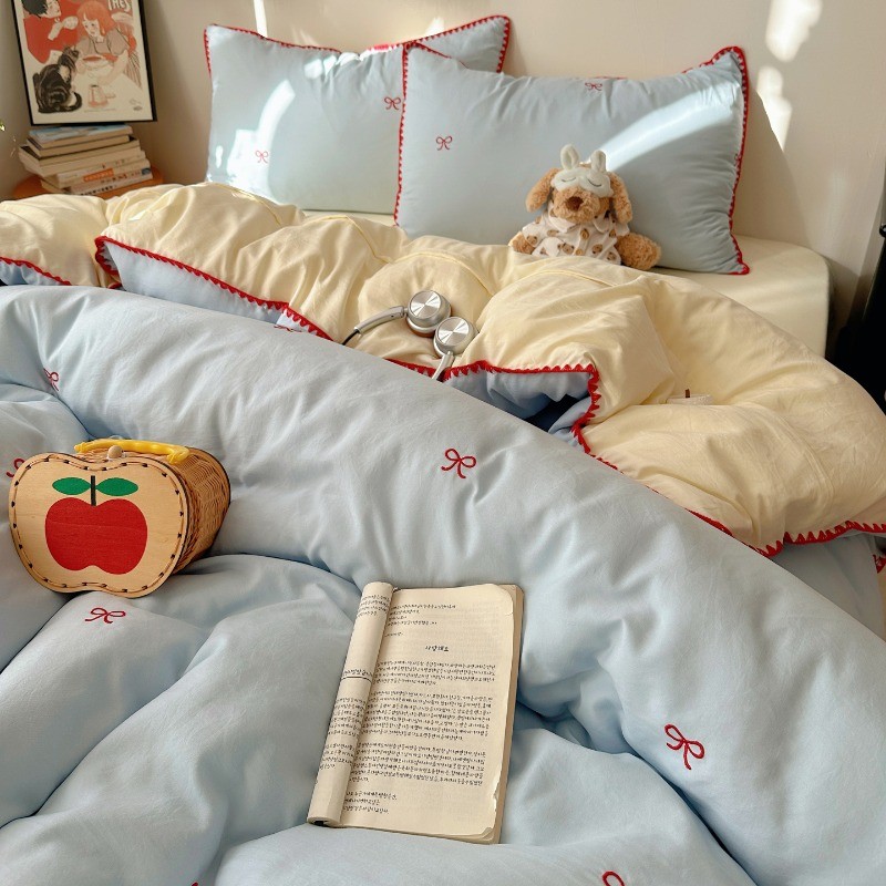 Shell Edge Bowknot ปักโพลีเอสเตอร์เดี่ยว/Queen/King Size Flat/ชุดเครื่องนอนรัดมุม 4in 1 ผ้านวมไม่รวม