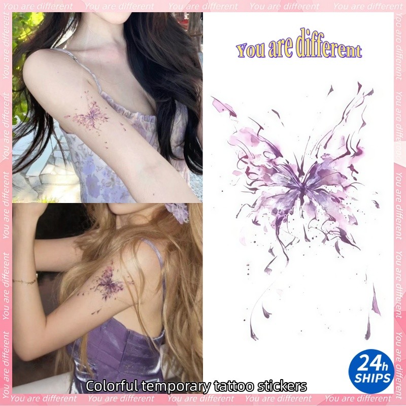 สีม่วงผีเสื้อลายสักสาวเซ็กซี่แขนสักสติกเกอร์รอยสักกันน้ํายาวนาน7วันสติกเกอร์ผิวชั่วคราวสักปลอม