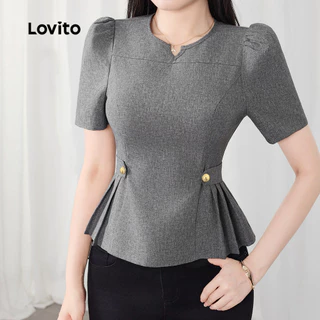 Lovito สง่างาม เสื้อเชิ้ตสีเทาเข้มหัวเข็มขัดโลหะหรูหรา เสื้อเชิ้ตฤดูใบไม้ผลิ/ฤดูร้อนสำหรับผู้หญิง L154ED525
