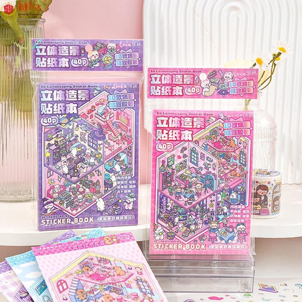 BLLISS Cabin Scene Pocket Sticker, PET Miniature House Landscape Sticker Book, การ์ตูน DIY สติกเกอร์