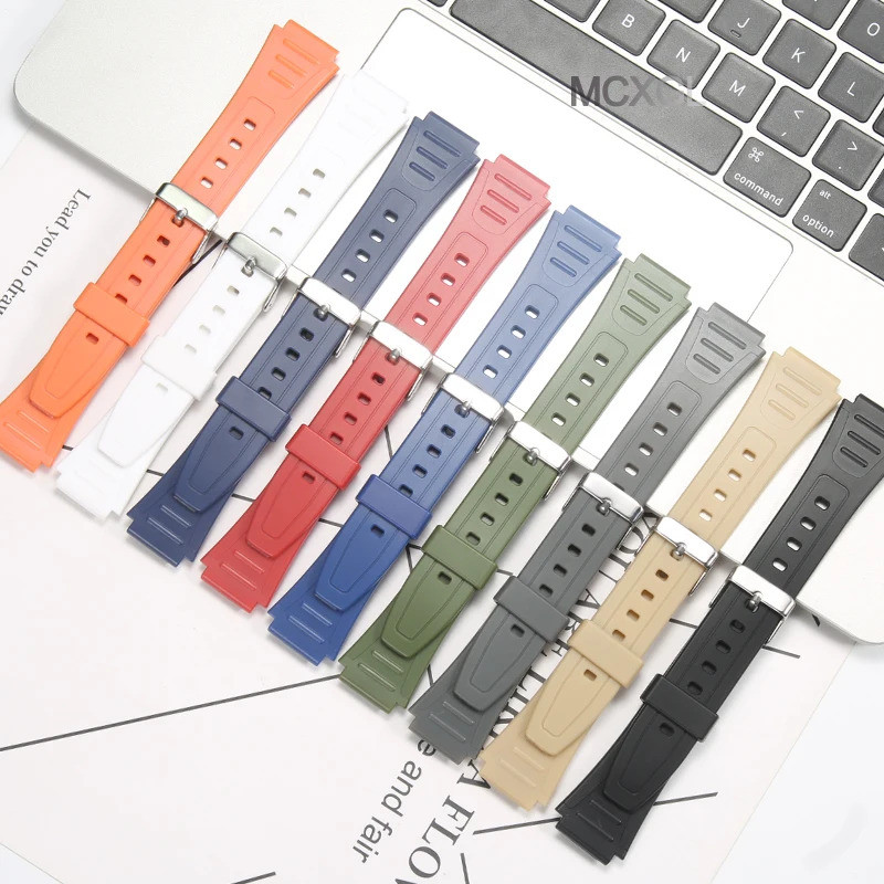 สายนาฬิกาสําหรับ Casio W800H W-800H W-217H สายคล้องคอกีฬาสร้อยข้อมือเรซิ่น 18 มม.สายรัดข้อมือ