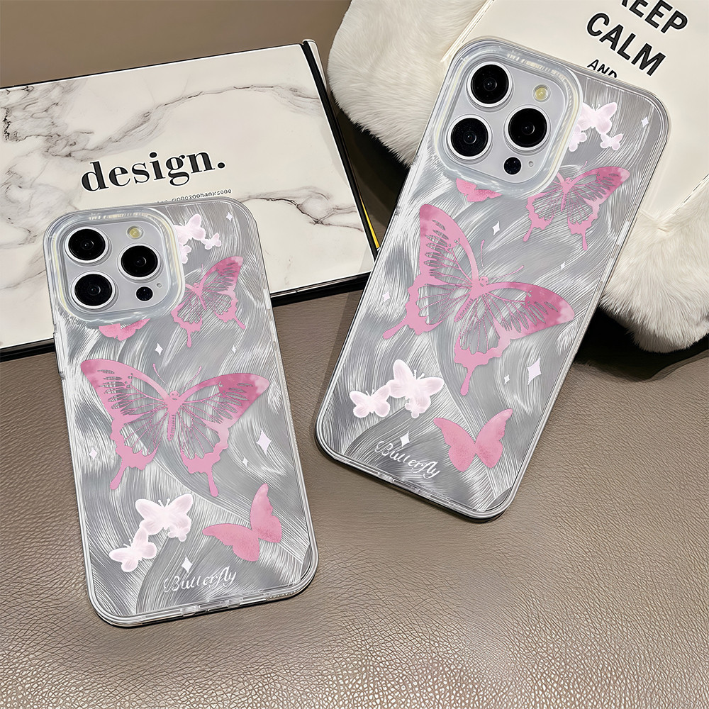 จัดส่งฟรีในพื้นที่ เคสเงินผีเสื้อสีชมพูสำหรับ iPhone 11 15 16 13 12 14 Pro Max 8 Plus 7Plus XR 16 7 8 Plus 16 11 Pro