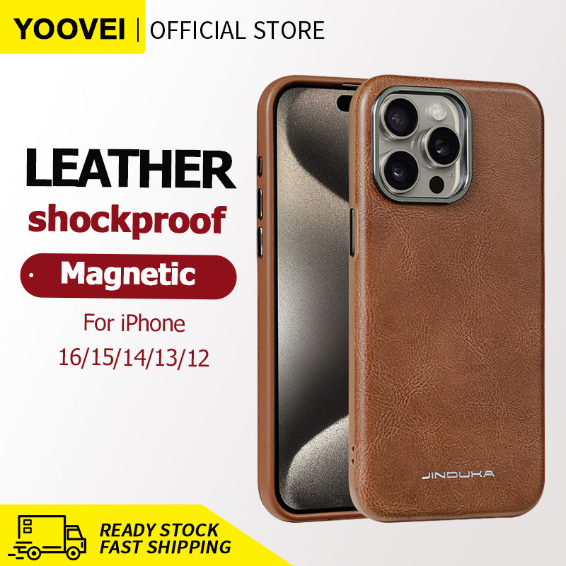 YOOVEI เคสหนังแม่เหล็กสำหรับ for iPhone 17/16/15/14/13 Pro Max กันกระแทก คลาสสิกย้อนยุค เคสหนังบางเบา แม่เหล็กแรง ใช้ได้กับการชาร์จไร้สาย - บราวน์