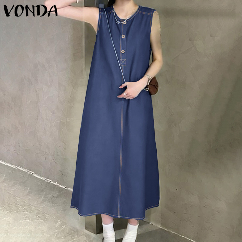 VONDA ดRESS แขนกุดสไตล์เกาหลีย้อนยุคสำหรับผู้หญิง ทรงแม็กซิ คอครึ่งปุ่ม เปิดหน้าอก สไตล์ STREET ใส่สบายในฤดูร้อน — صورة 5