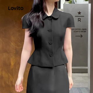 Lovito สง่างาม เสื้อกล้ามเรียบหรู คลาสสิก และใช้งานได้หลายโอกาส ผ้าฝ้ายลายปุ่ม สีดำสำหรับฤดูใบไม้ผลิ/ฤดูร้อน เกาหลี อินเทรนด์ L144AD215