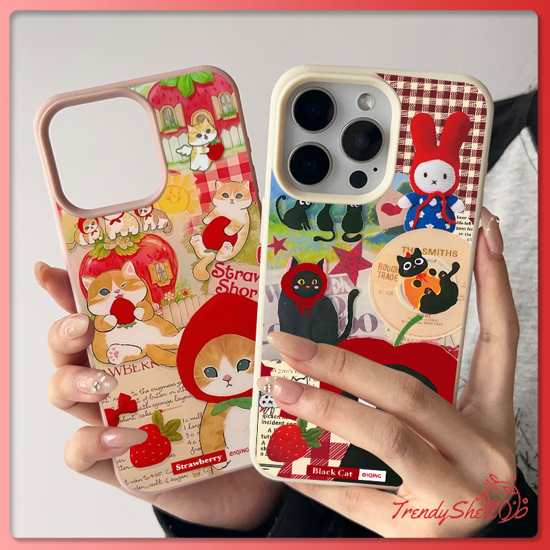 เคสไอโฟน 13 สำหรับ IPhone 17 AIR 15 13 16 11 12 14 Pro Max 7 15 8 14 16 Plus XS X Max ฝาครอบโซ่กระต่ายสตรอเบอร์รี่แมวดำ