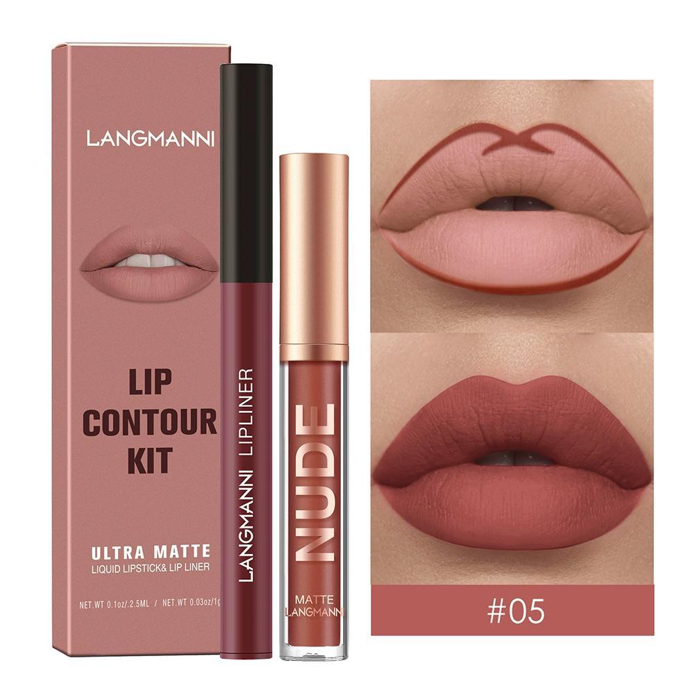 Langmanni 2 ชิ้น Lip Liner Lip Gloss Set Non Sticky Cup Matte Lip Gloss Set Lip Makeup เครื่องสําอาง