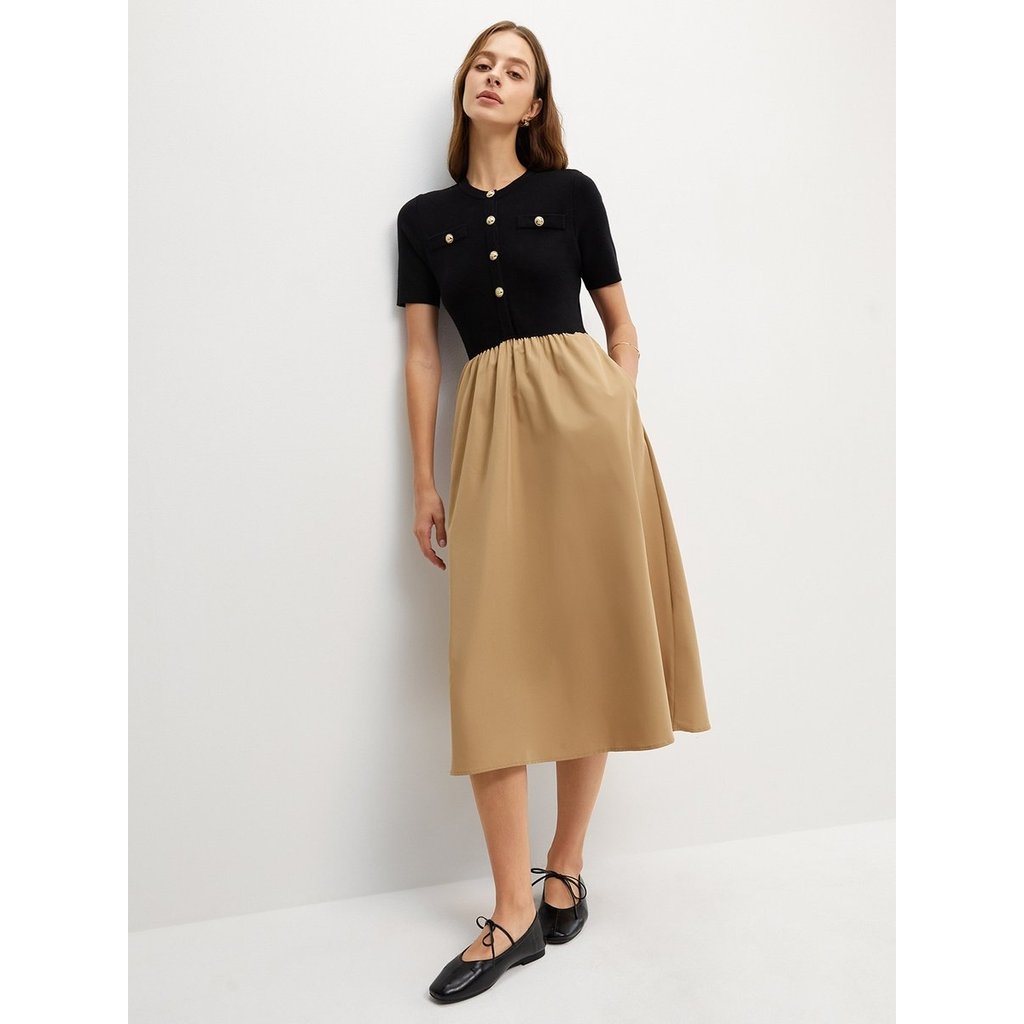 [Pomelo] เดรสยาวแขนสั้นสไตล์ทูโทน / Two Tone Short Sleeve Midi Dress