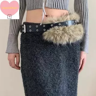 เข็มขัดหนังขนสัตว์ Faux Fur สไตล์เกาหลีสำหรับกางเกงยีนส์ ดีไซน์ Y2K