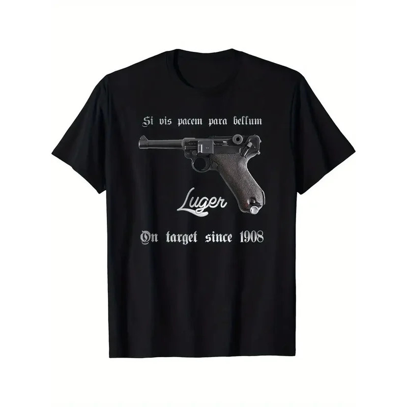 เสื้อยืดผู้ชายลายวินเทจ Vintage Mauser P08 9mm Luger Si Vis Pacem Para Bellum1908 Meme Tee สไตล์ฮิปฮ