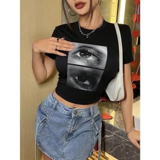 Close-up Print of Double Pupils Slim-fitting Short T-shirt American Retro Hot Girl Style Sleeves