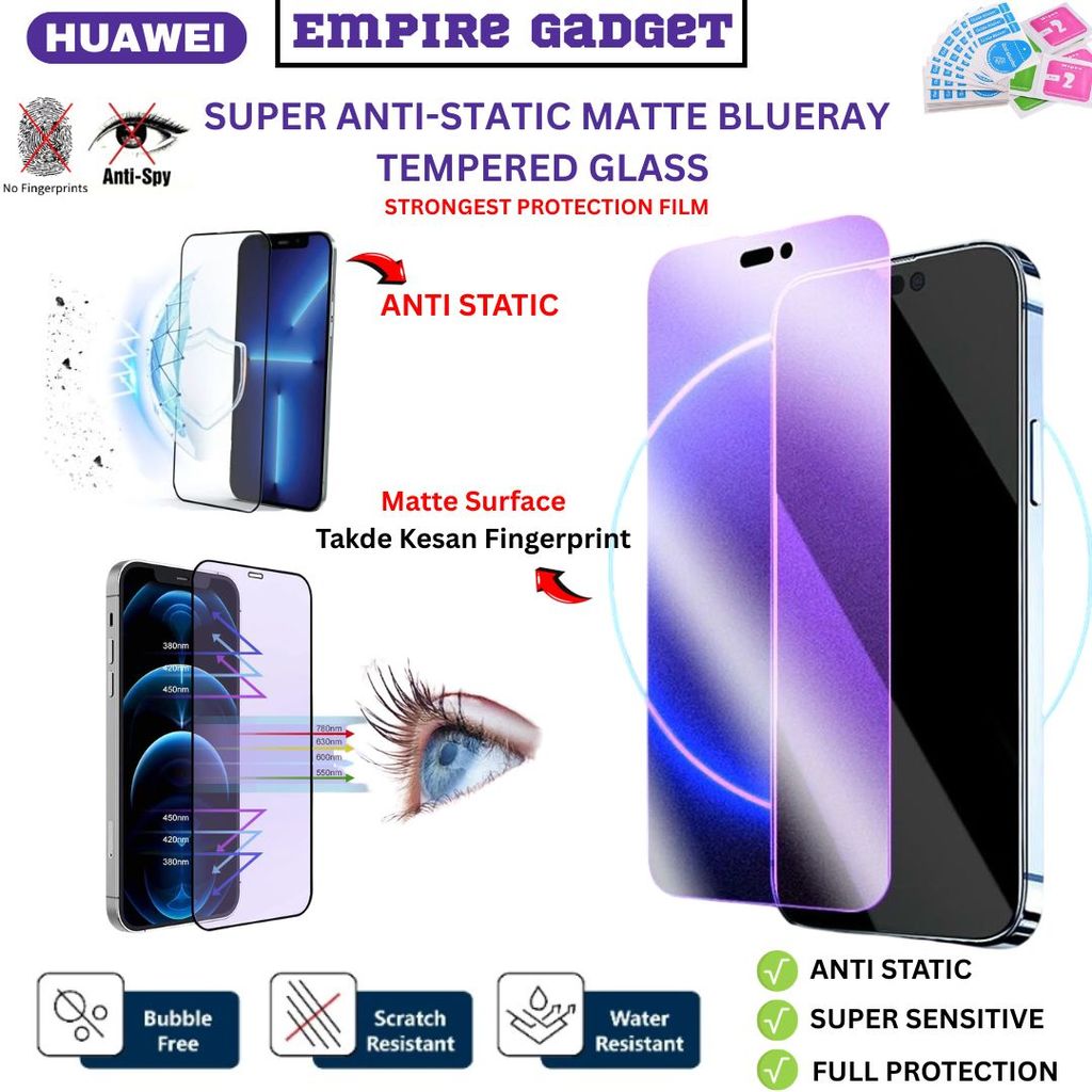 ANTI STATIC BLUERAY HUAWEI Nova 5T,2i,2Lite,3,3i,4,4E,7,7i,7SE,Y5P,Y6P,Y7P,Y9S,P40 กระจกนิรภัย Matte