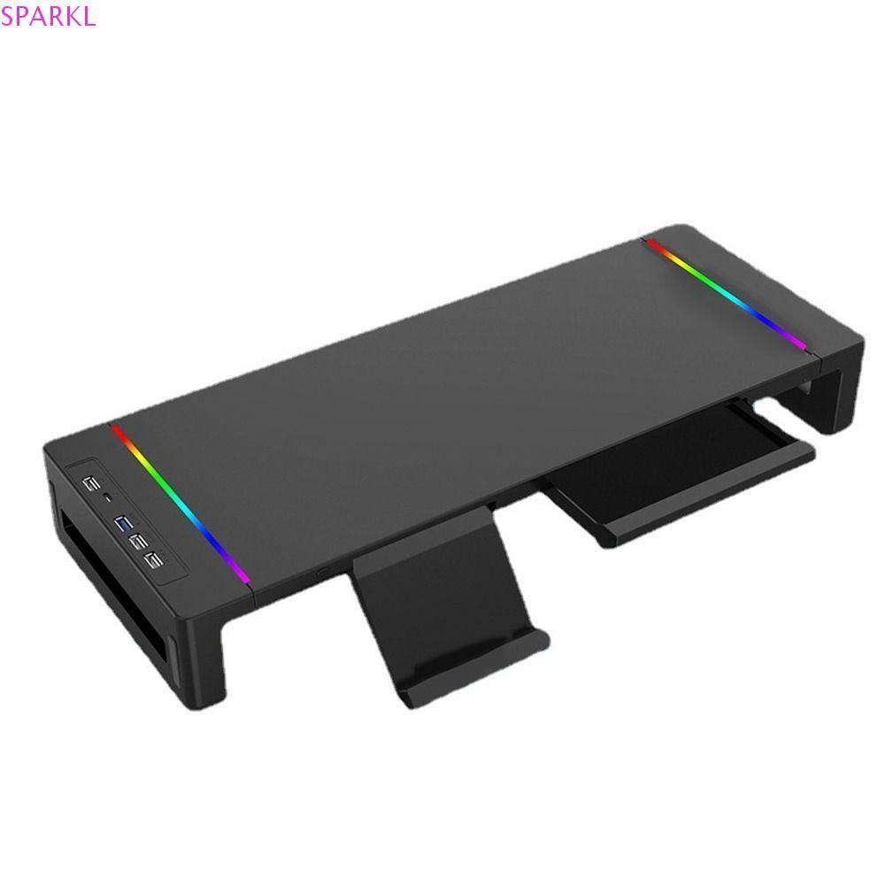 Sparklenova ขาตั้งจอคอมพิวเตอร์,USB 3.0 & 2.0 Hub RGBไฟMonitor Stand Riserพร้อมUSB,พับพร้อมลิ้นชักเก็บของที่วางโทรศัพท์คีย์บอร์ดเมาส์ชั้นเก็บสํานักงาน