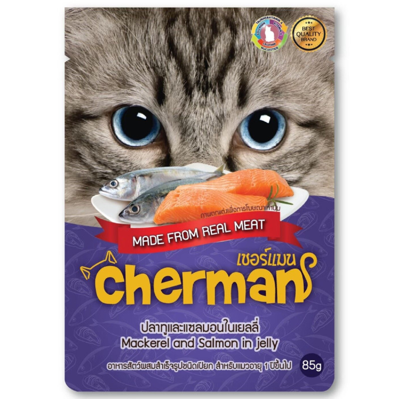 Cherman อาหารเปียกเพ้าซ์ รสปลาทูและแซลมอนในเยลลี่ สำหรับแมวโตทุกสายพันธุ์ 85g Cat wet food Mackerel 