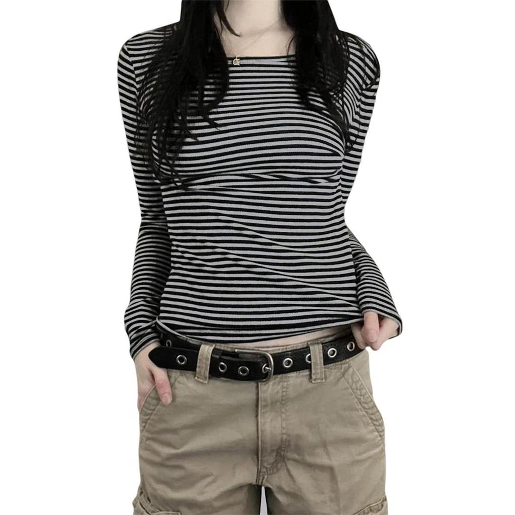 Shirts for Women Fashion Casual Basic Crew Neck Striped Slim Fit T-shirt Going Out Blouses Y2K Vinta