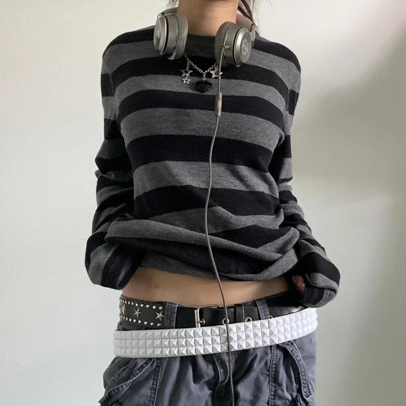Teen Girls Fairy Grunge Y2k Long Sleeve Baggy Shirt Tops Striped Baby Tees Vintage Streetwear T-Shir