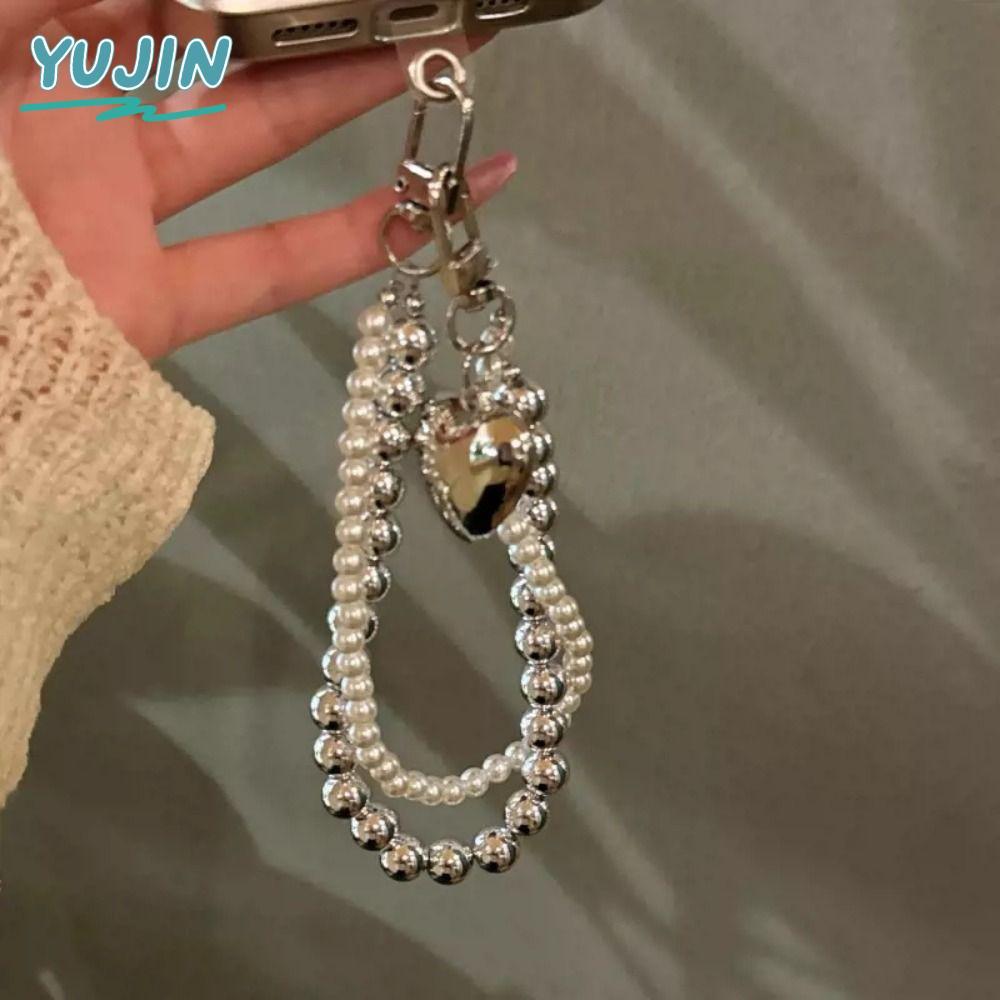 YUJIN Pearl Beaded Phone Strap, Love Heart Luxury Anti-Lost Phone Chain, Trend Fashion Phone Lanyard