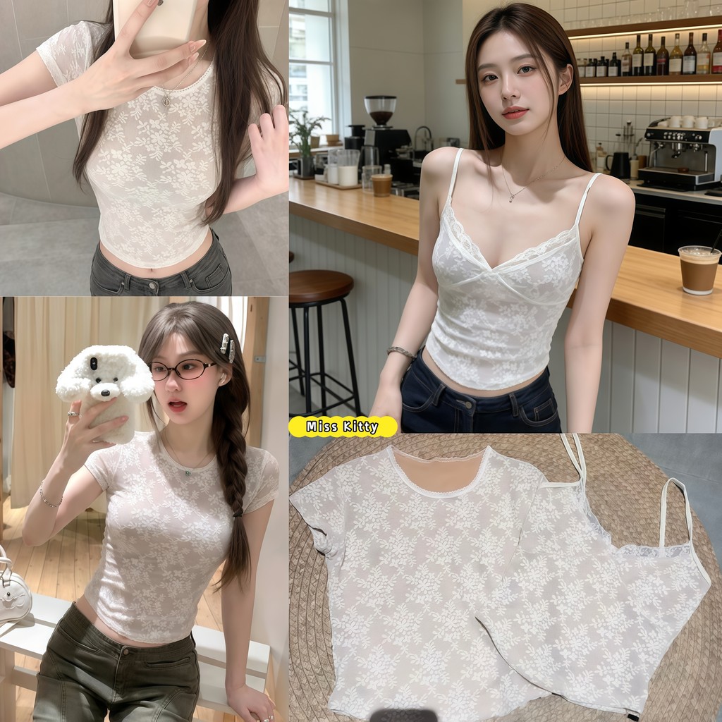 Miss Kitty เสื้อผู้หญิงคอวีแขนสั้น/เสื้อสายเดี่ยว ดีไซน์เลซ แบบเรียบง่าย เข้ารูป สไตล์เกาหลี FY10191+FY5238-0