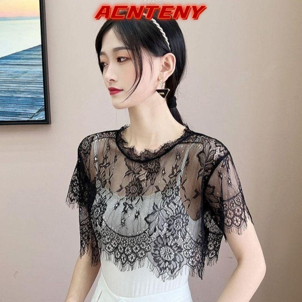 ACNTENY คอนเทนตี้ ผ้าคลุมไหล่ลูกไม้, ลูกไม้สีขาวสีดํากลวงออกผ้าคลุมไหล่, เสื้อคลุมข้ามปกปลอมเคปฤดูใบไม้ผลิฤดูใบไม้ร่วง