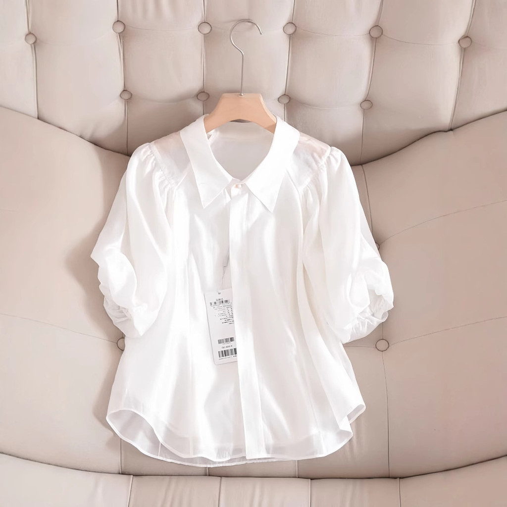 เสื้อบlouseผู้หญิงสไตล์ฝรั่งเศสร่วมสมัย ดีไซน์แขนพองระบายอากาศเบาๆ