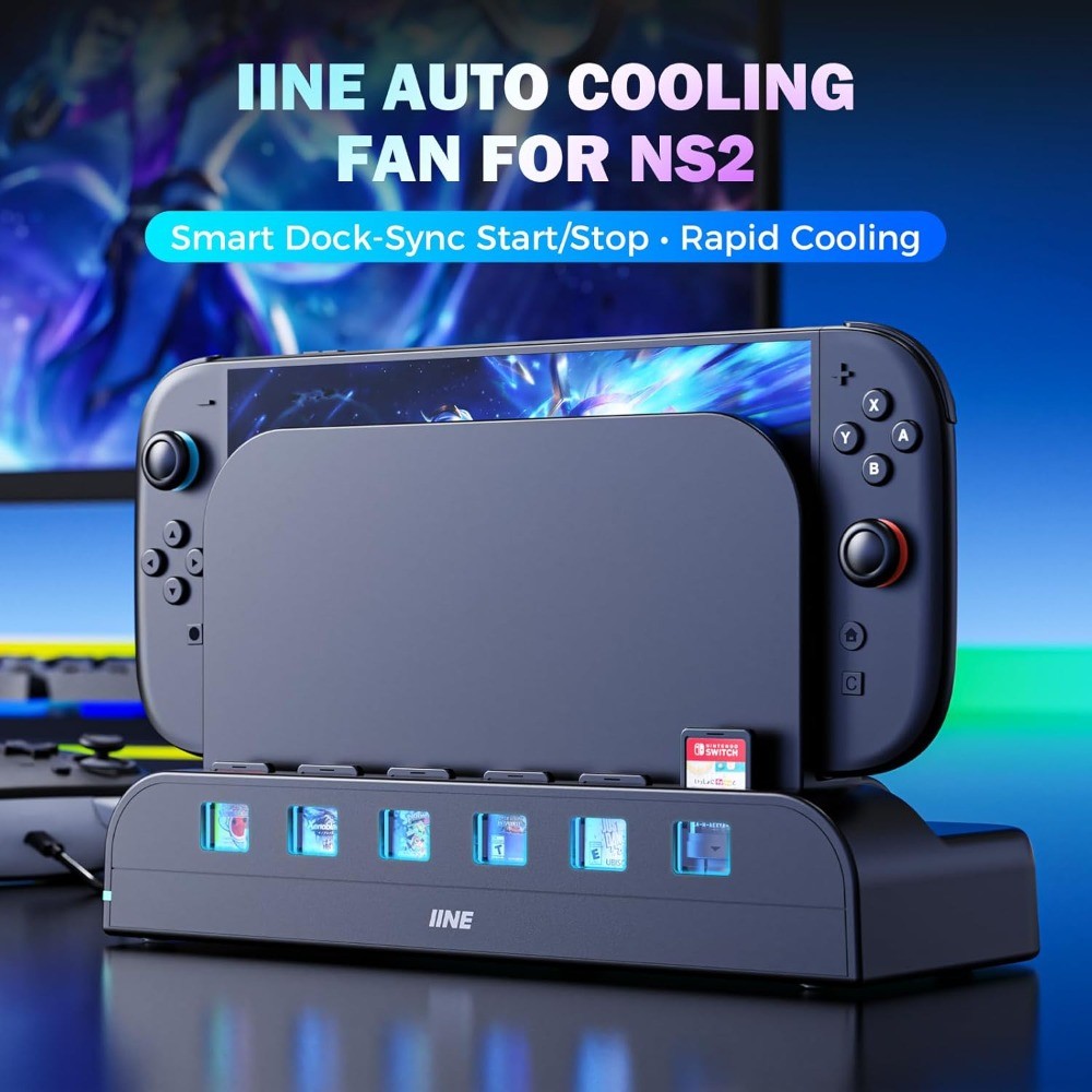 สถานีเชื่อมต่อ IINE พร้อมพัดลมระบายความร้อนสําหรับ Nintendo Switch 2 RGB Dock Cooler พร้อมระบบพัดลมคู่สําหรับประสิทธิภาพคอนโซลที่เพิ่มขึ้น, Plug & Play, ที่เก็บการ์ดเกม, อุปกรณ์เสริม NS2