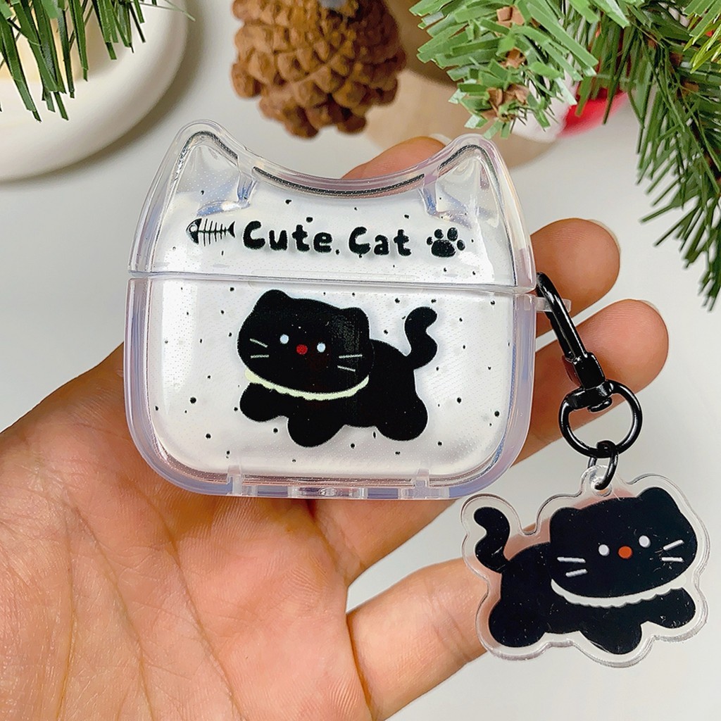 หูแมวน่ารักสีดําสาดหมึกลูกแมวจี้โปร่งใสหูฟังสําหรับ AirPods 4 AirPods 3 Pro 2 AirPods 3 AirPods2 ฝาค