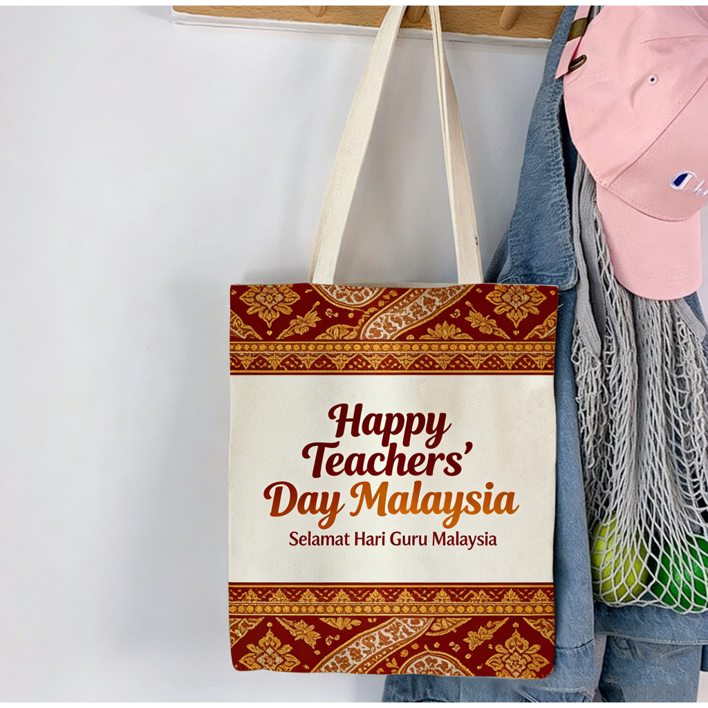 Tote Bag Happy Teachers Day 2026, Selamat Hari Guru Songket Batik Design, Canvas Bag Hadiah Untuk Ci