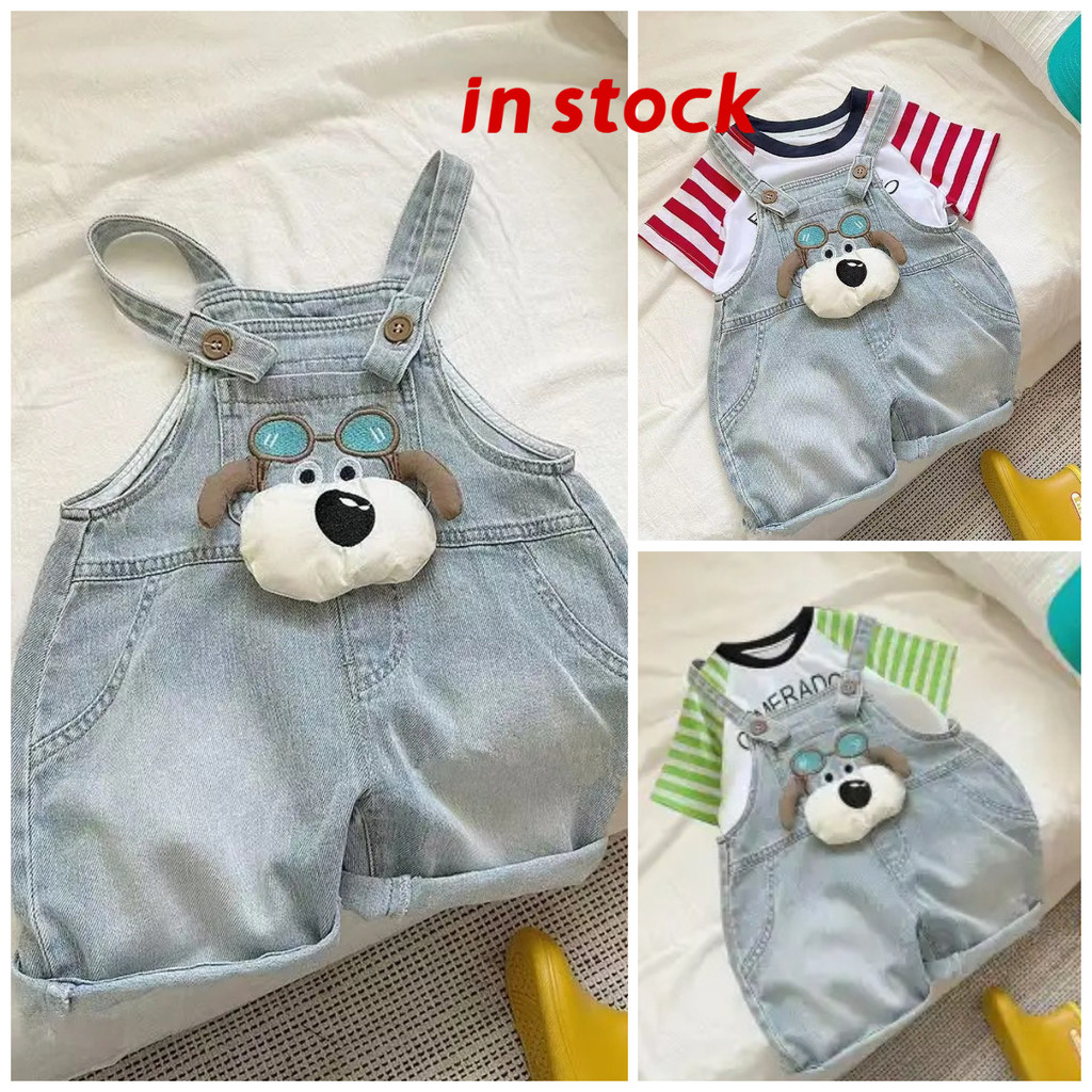 [Grojoy] (คลังสินค้าพร้อม) ชุดยีนส์เด็กการ์ตูนลูกสุนัขหลวมกางเกงขาสั้น + เสื้อยืดแขนสั้นลําลองชุดสอง