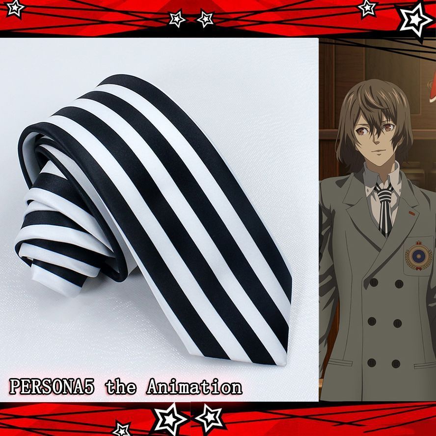 PERSONA5 อุปกรณ์เสริมเกม Goro Akechi Tie ของขวัญวันเกิดผูกลายทางสีดําและสีขาว