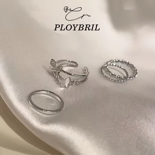 PLOYBRIL แหวนเซ็ท 4 วง รูปผีเสื้อ รูปเกลียว แบบเรียบ แหวน แหวนเงิน เครื่องประดับ สำหรับผู้หญิง สไตล์เกาหลี J027