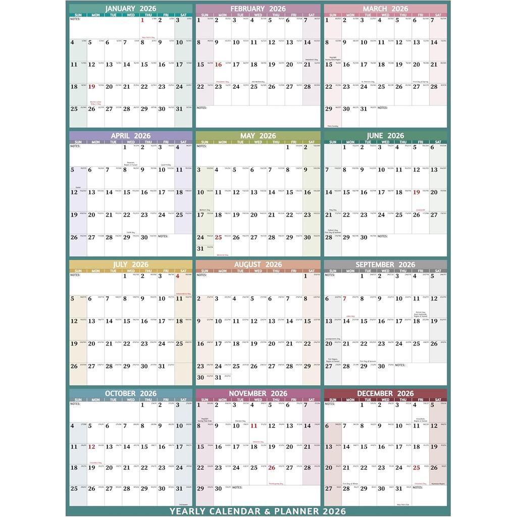 ปฏิทินติดผนังรายปี 2026 - ปฏิทินรายปีขนาดใหญ่ 2026 คําศัพท์, แจน 2026 - ธ.ค 2026, 33.7" x 45.1" (เปิ
