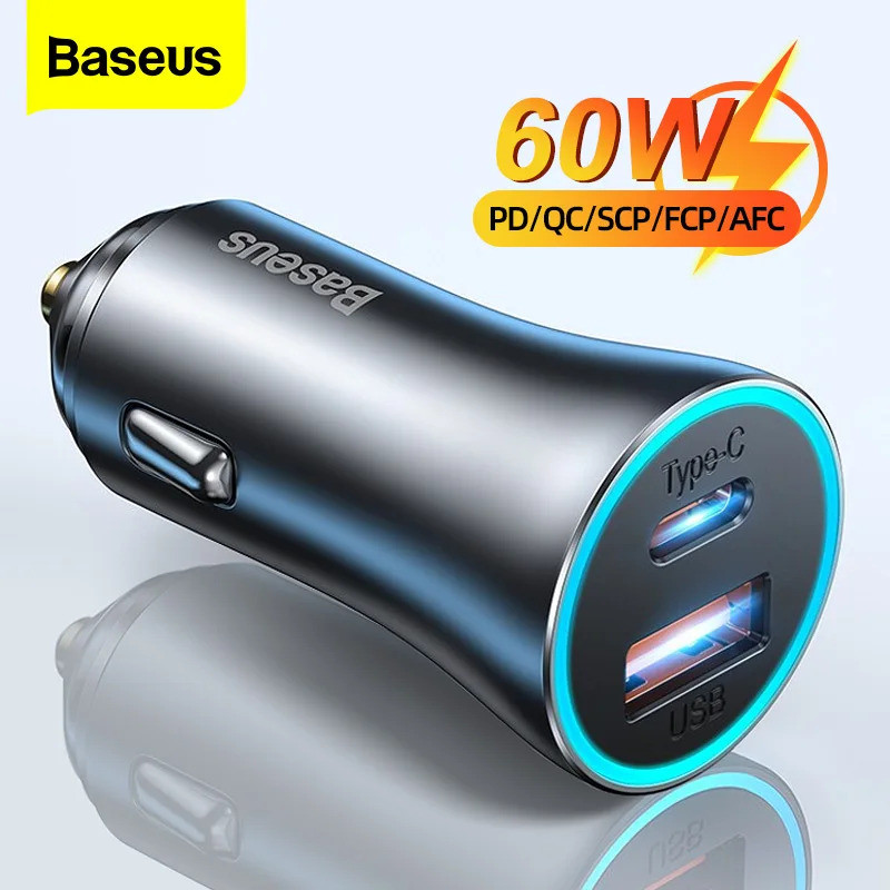 Baseus 60W โลหะ USB Type C Car Charger Quick Charge SCP AFC QC 4.0 PD 27W USBC ชาร์จโทรศัพท์สําหรับ 