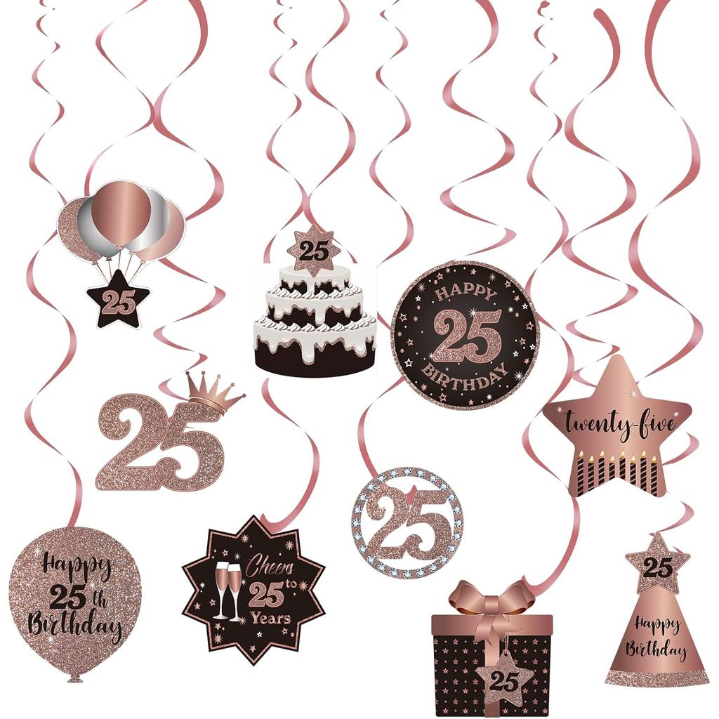 Happy 25th Birthday Party แขวน Swirls Streams ตกแต่งเพดาน,ฉลอง 25 ฟอยล์แขวน Swirls พร้อม Cutouts สํา