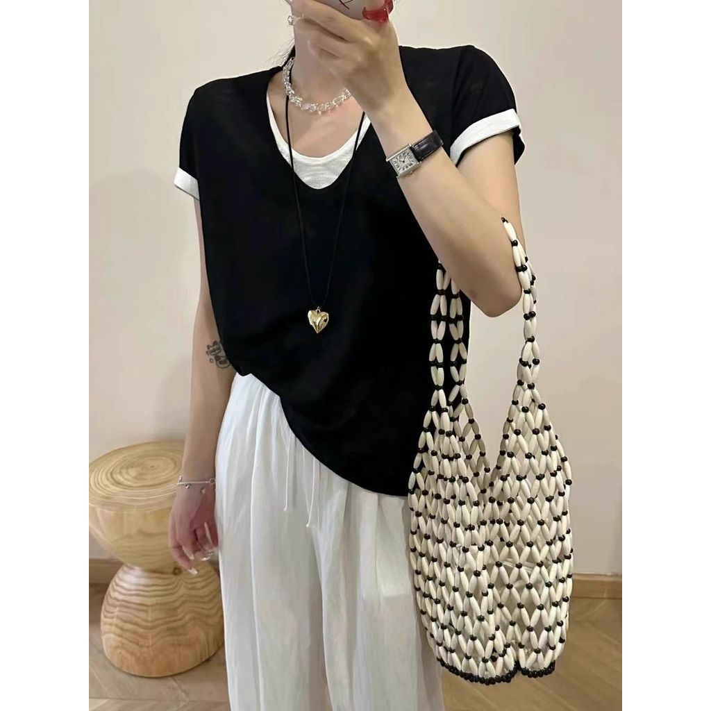 การออกแบบสีขนาดสบายๆขี้เกียจแขนสั้น cod เสื้อฤดูร้อน 2026u หลวมผู้หญิงเกาหลีคอปกด้านบนปลอมสไตล์ใหม่ 