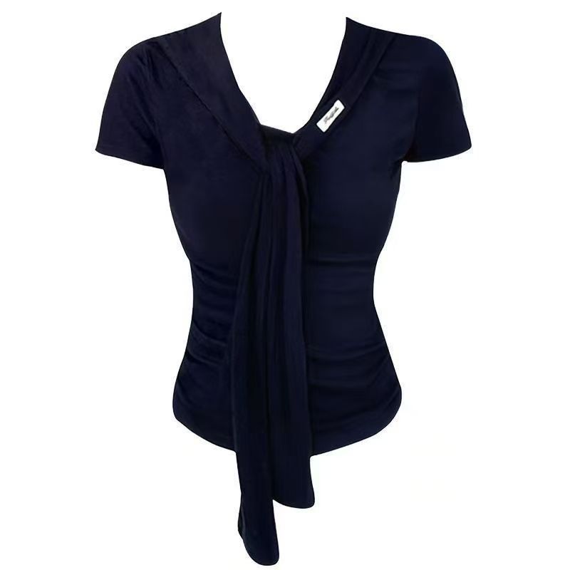 สไตล์ใหม่ฤดูร้อน cod ไหล่ Laced-Up บางแขนสั้นสไตล์หอมขนาดเล็ก 2026 ผู้หญิงคอดูแฟชั่น 2026 Slim-Fit T