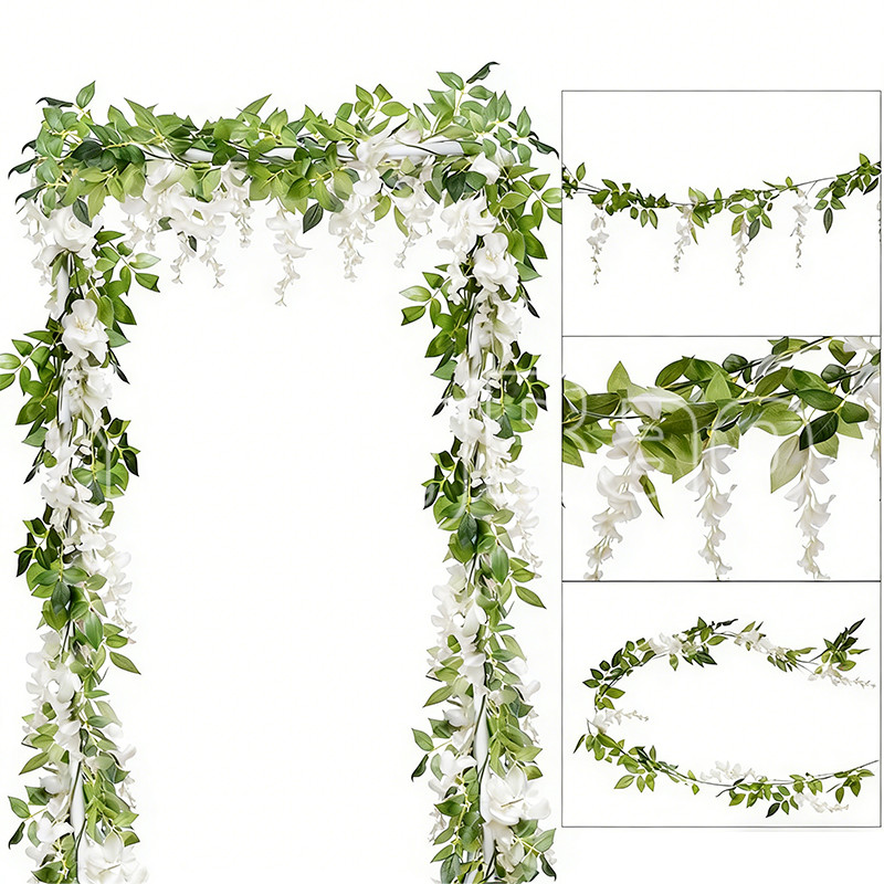 2M ประดิษฐ์ Wisteria ดอกไม้ Garland Vine ผ้าไหมแขวนดอกไม้สําหรับบ้านสวนกลางแจ้งพิธีงานแต่งงาน Arch ดอกไม้ตกแต่ง