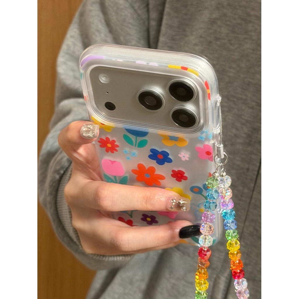 เคสน่ารัก Silver Finish พิมพ์ดอกไม้สีสันสดใสกันกระแทกป้องกันกล้องสําหรับ iPhone 17 Pro Max 16 Pro 15 14 Pro