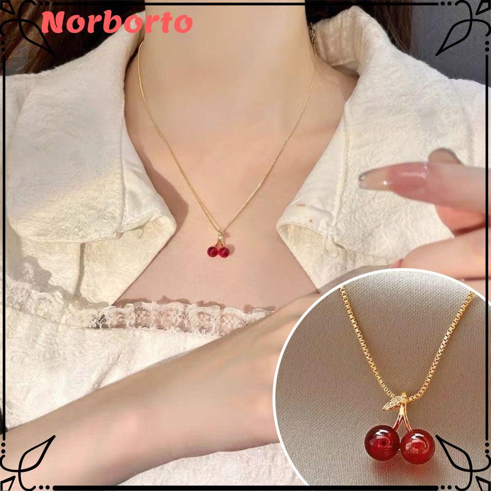 NORBORTO สร้อยคอจี้เชอร์รี่,สีแดงเชอร์รี่โกลเด้นโซ่ผลไม้สร้อยคอ,น่ารัก Jewery อุปกรณ์เสริมสร้อยคอ Je