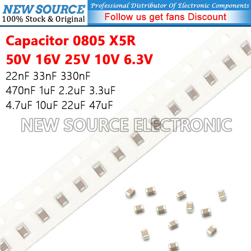 [10-50 ชิ้น] 0805 SMD 50V 16V 25V 10V 6.3V X5R Capacitor 22nF 33nF 330nF 470nF 1uF 2.2uF 3.3uF 4.7uF