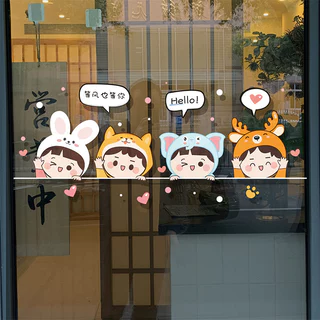 การ์ตูนลูกแมวและลูกสุนัขครัวประตูกระจกสติ๊กเกอร์ตกแต่งร้านค้าหน้าต่างพร้อมป้องกันการชนกันสติกเกอร์แบบคงที่