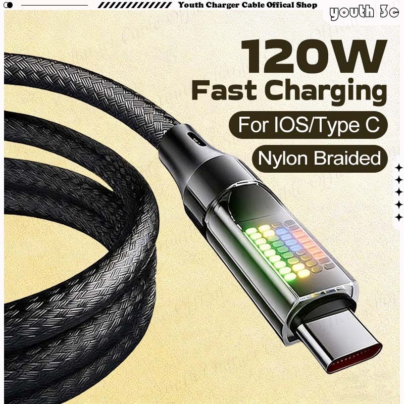Fast Charging 120W ข้อมูลสายที่มีสีสัน Flow Light USB/Type C ถึง Type C สายชาร์จโทรศัพท์ไนลอนถัก Universal 6A สายชาร์จ