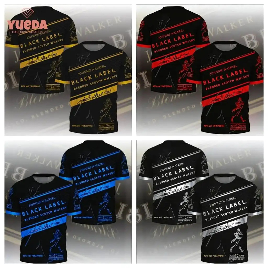 เสื้อยืดผู้ชายสไตล์สตรีท Johnny Walker Black Label สีดำ เหมาะสำหรับแฟชันวิสกี้