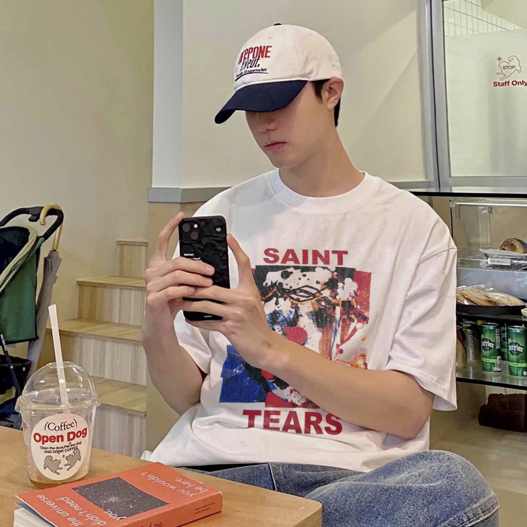 TAU4 SAINT MICHAEL TALK Retro Loose Men Couple Short Sleeve Summer T-Shirt ins Round Neck Loose Type