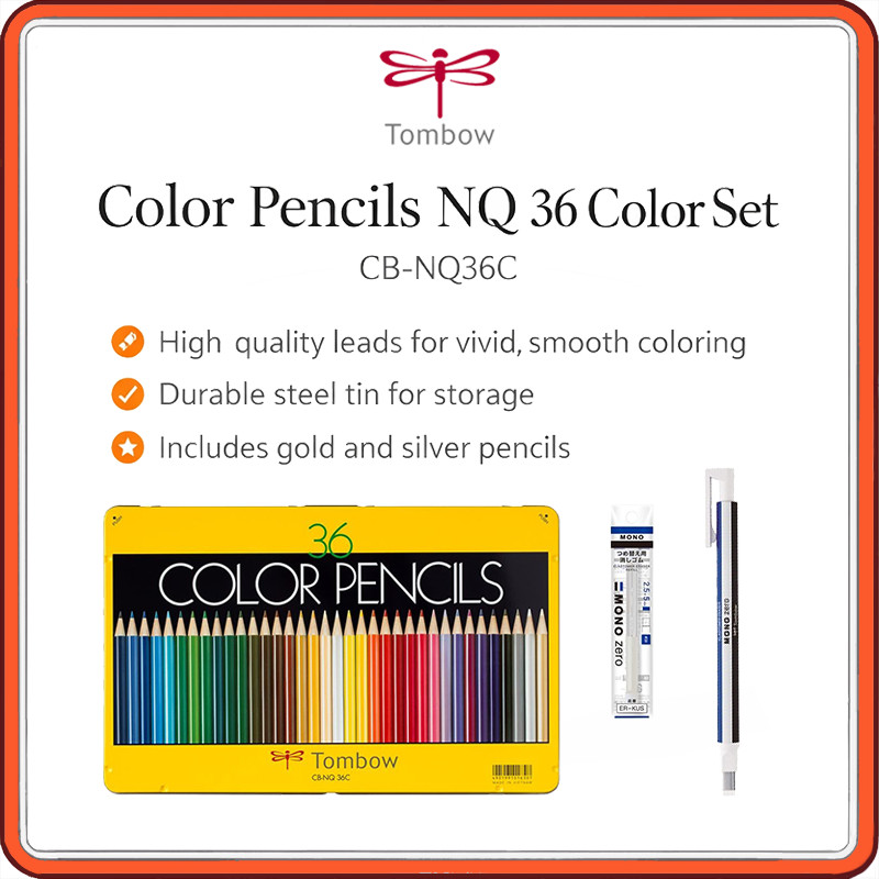 Tombow NQ 36-Color Pencil Tin + MONO Zero Precision Eraser Set – Refillable Rectangular & Round Tips | Artist Drawing & Sketching Supplies (CB-NQ36C, JCB-233AZ, JCB-232AZ Variants)