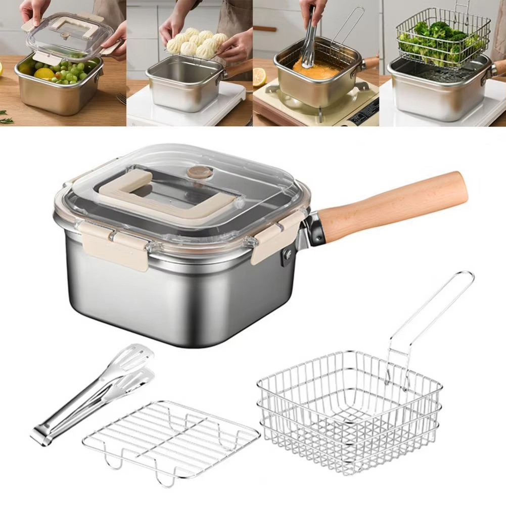 CODStainless Steel Deep Fryer 5-in-1 Fryer Steamer Baker Strainer Portable Outdoor Cooking Pot