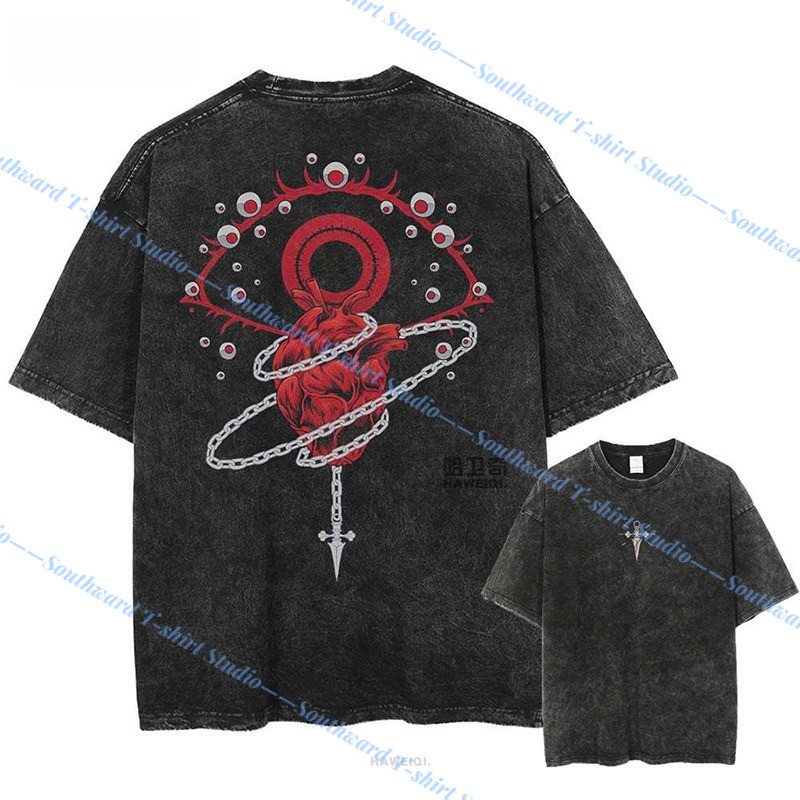 Anime full-time Hunter เสื้อยืดแขนสั้น Hunter x Hunter Harajuku hip-hop street wash retro ผ้าฝ้าย 100%