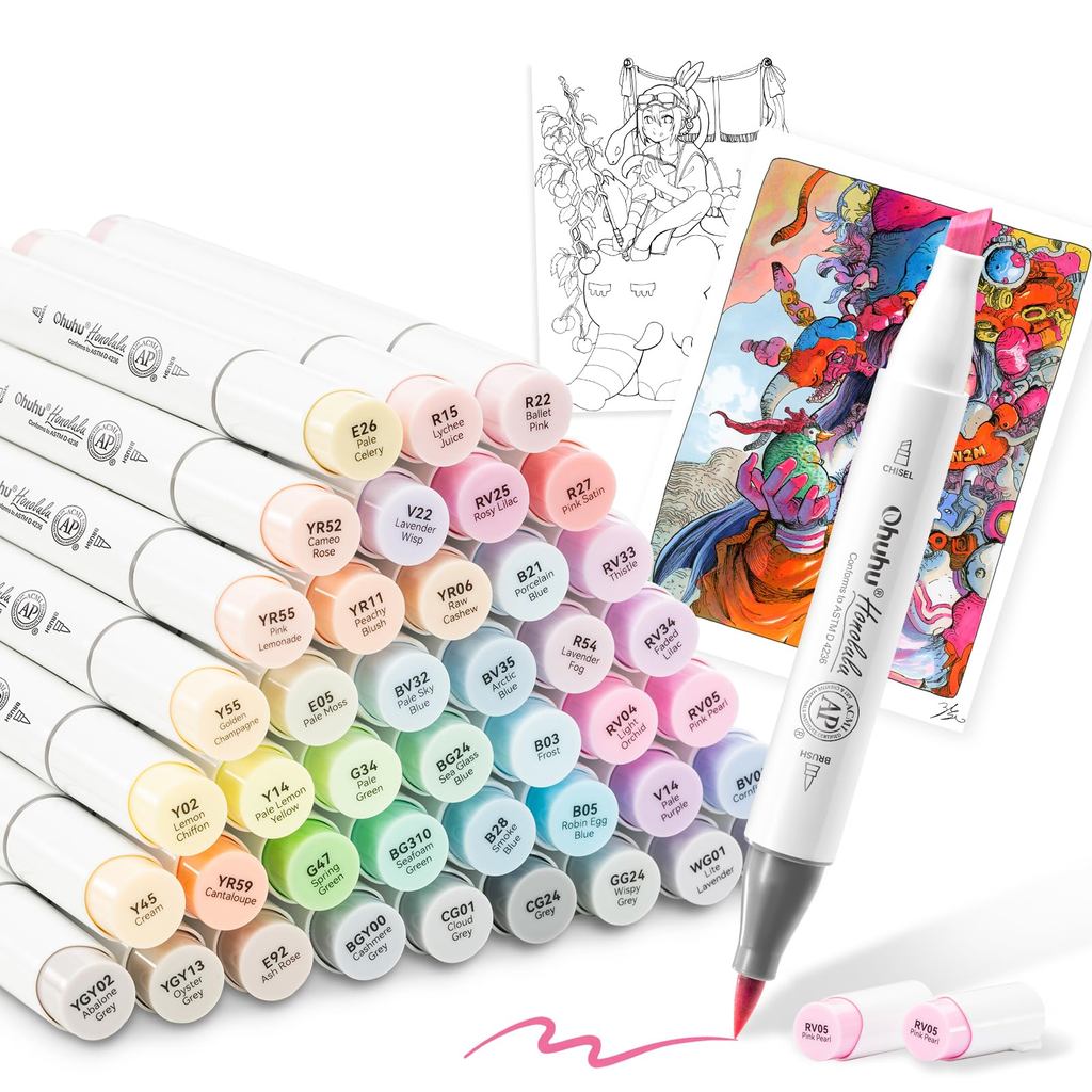 Ohuhu Brush Marker Pen Set 48 Colors with Blender Pen, Professional Use, Pastel Illustration Markers