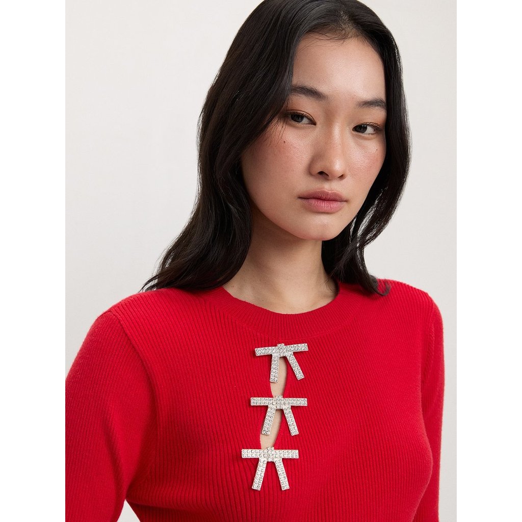 [Pomelo] เสื้อถักแต่งพลอยเทียมรูปโบว์ / Crystal Bow Knit Top — صورة 3