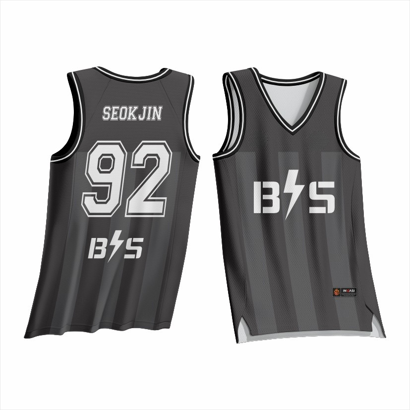 [ชื่อและหมายเลขปรับแต่งฟรี] BTS Team Seokjin No. 92 "สีเทาสีดําฟ้าผ่า" ธีมย์ไอดอลเชียร์สไตล์ตาข่ายพั